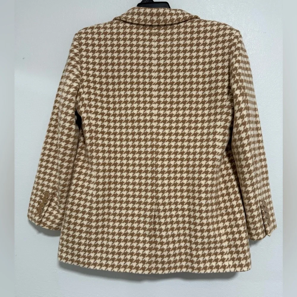 Hugo BOSS Jahonda Double Breasted Blazer Brown Houndstooth Tweed Jacket Sz 10
